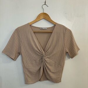 ZARA Tan Ribbed Twist Front Crop Top M 🤎 Short Sleeve